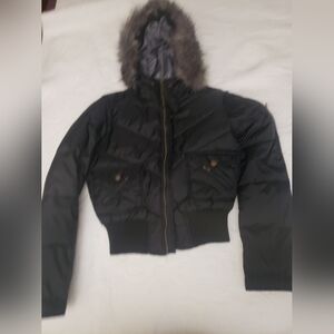 Red Fox Cropped Puffer Jacket with Detachable Fur Hood